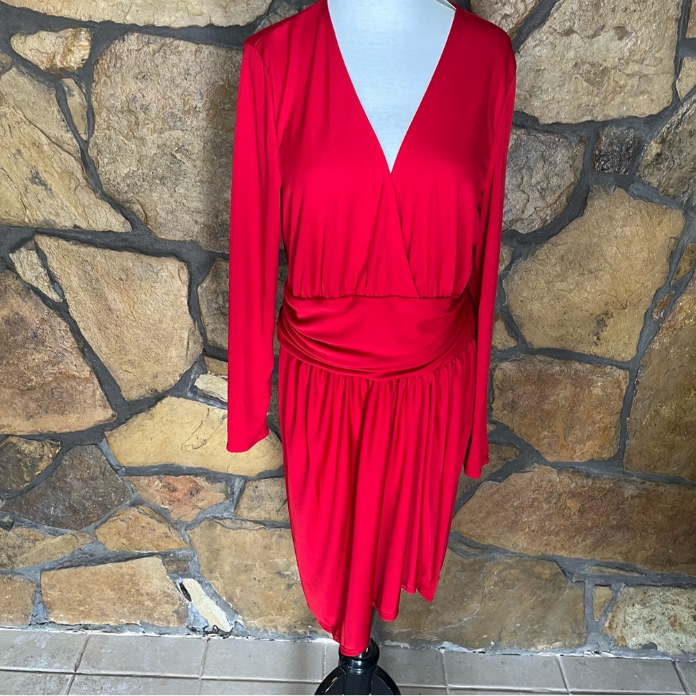 Ralph Lauren Red Ruched Wrap Long Sleeve Cocktail Dress